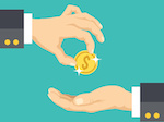 Hand giving gold coin to another hand. Flat vector illustration