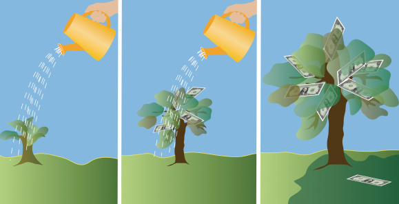 Montage of a human hand watering a sapling