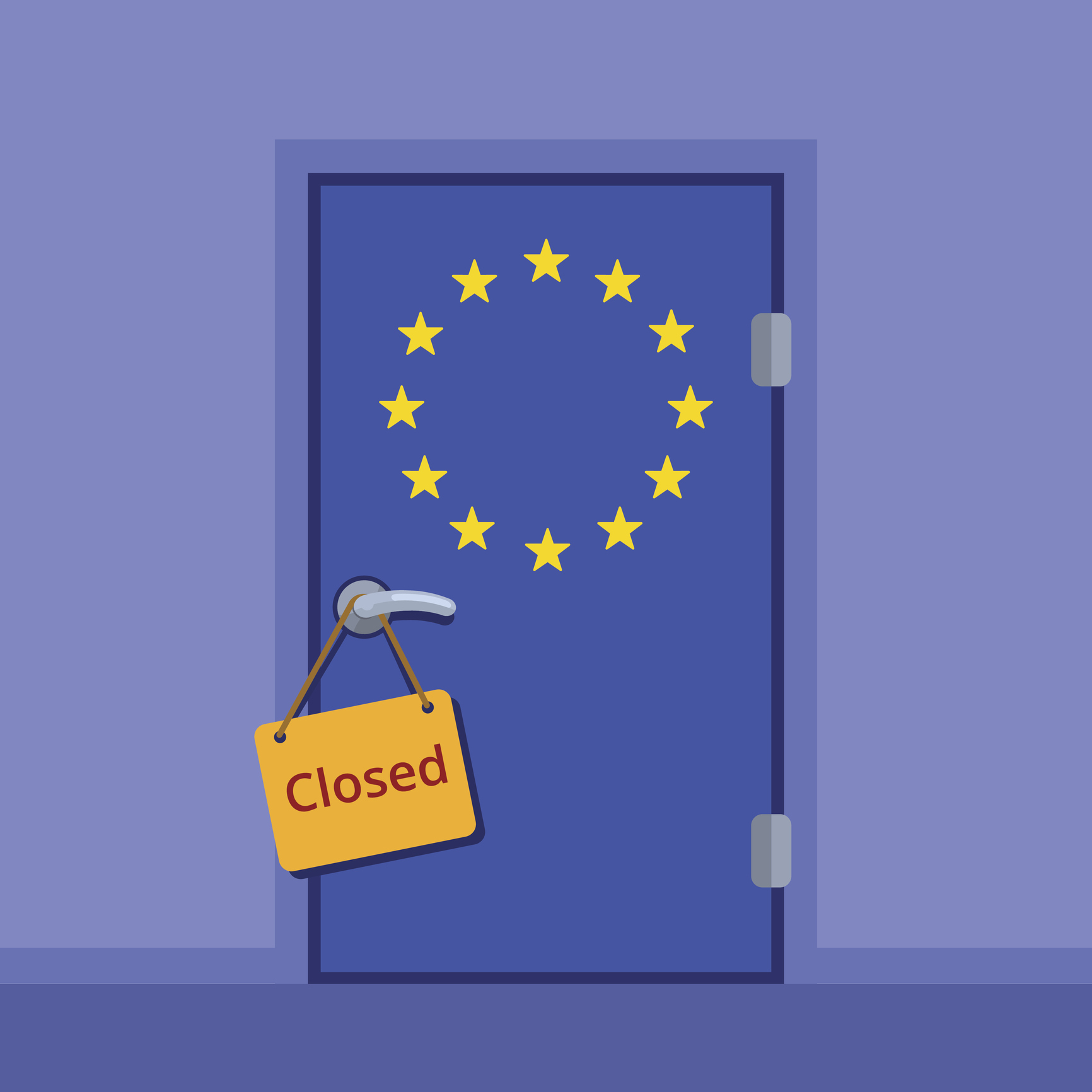 Do not disturb plate on the door handle. European Union closed door flat color vector illustration. EU stars flag cartoon image.