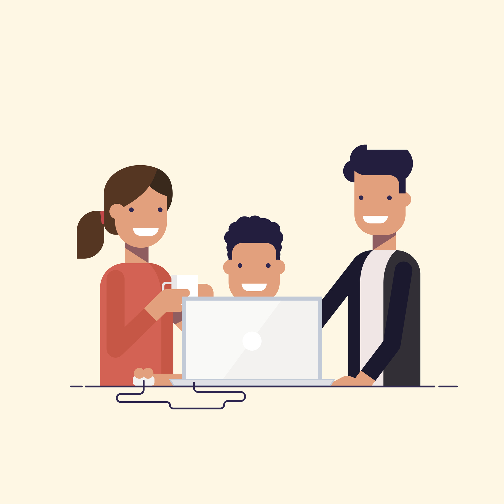 Business team in a work process or parent watch the child. Man sitting at a computer surrounded by employees. Team problem solving. A man in a business suit and woman drinking coffee. Cartoon flat.