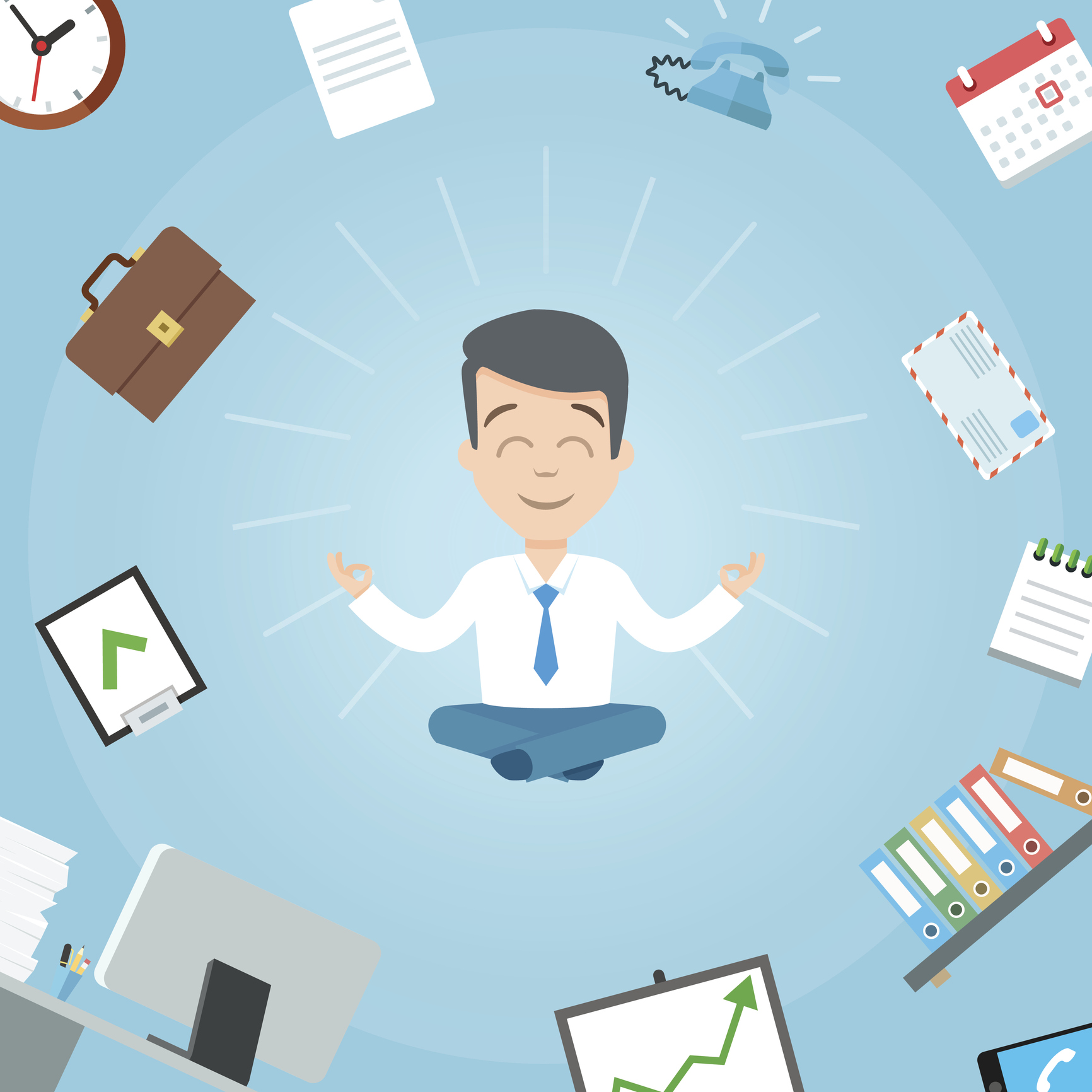 Happy businessman meditating in the office. Business yoga office worker meditation vector illustration